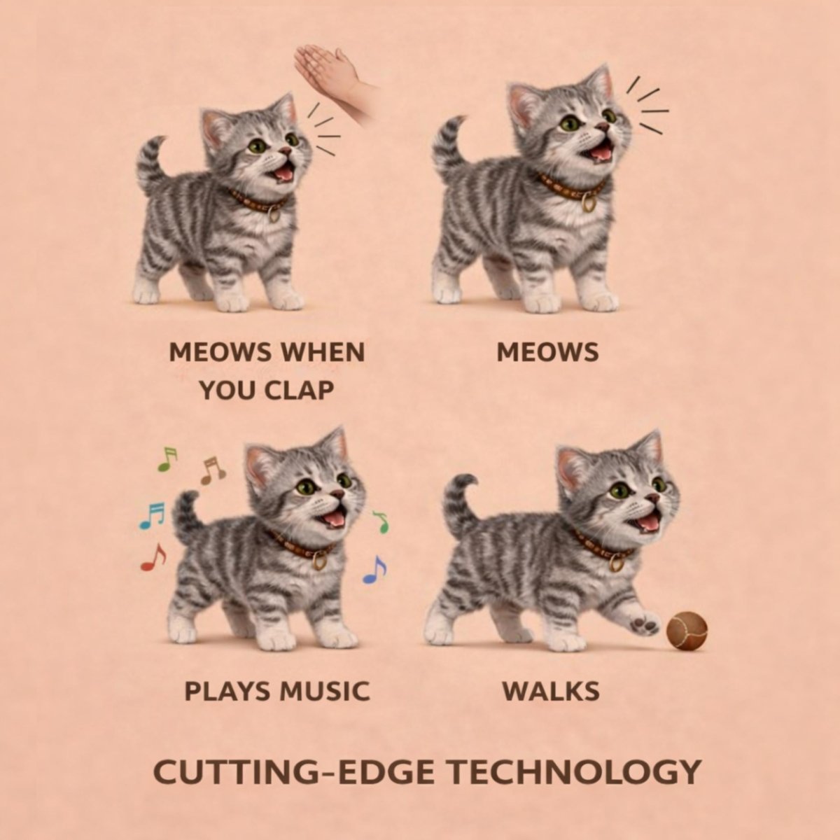 Illustrated guide showing the functions of the Kouvr robot kitten: meows when you clap, meows, plays music, and walks.