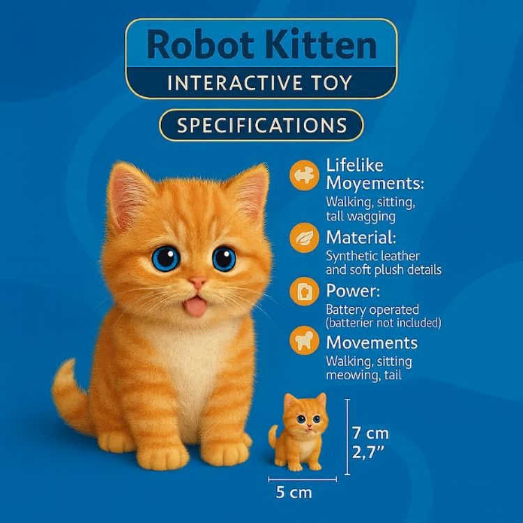 Product specifications for the Kouvr Robot Kitten Interactive Toy, showing its size (7cm x 5cm) and features like lifelike movements and material.