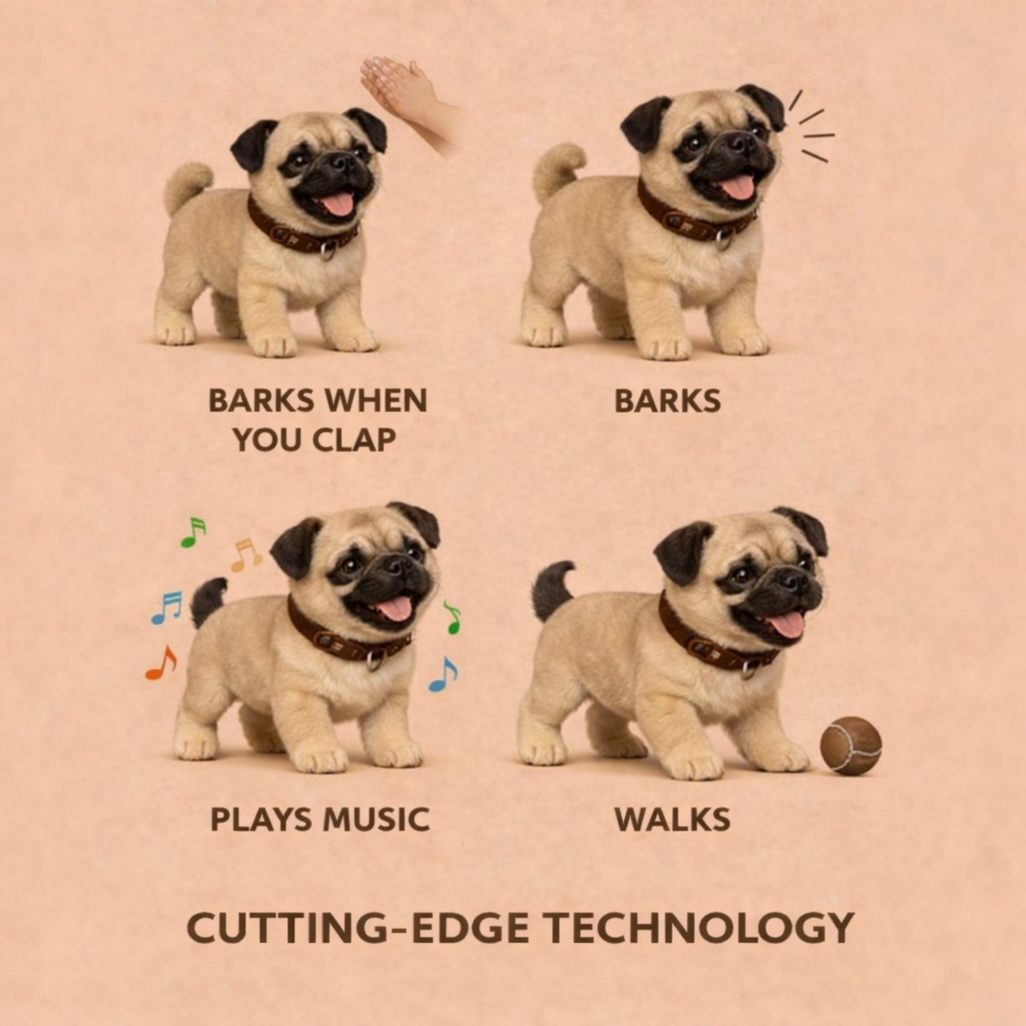 An illustration showcasing the four main functions of the Kouvr robot pug puppy: barks when you clap, plays music, barks, tail wags, and walks, with the text 'Cutting-Edge Technology'.