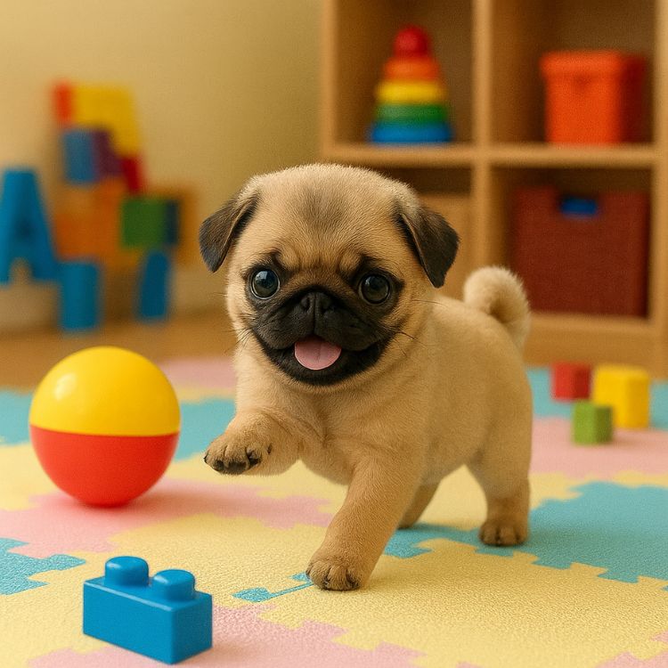 The Kouvr robot pug puppy walking on a colorful play mat surrounded by toys, lifting one paw in a playful motion.