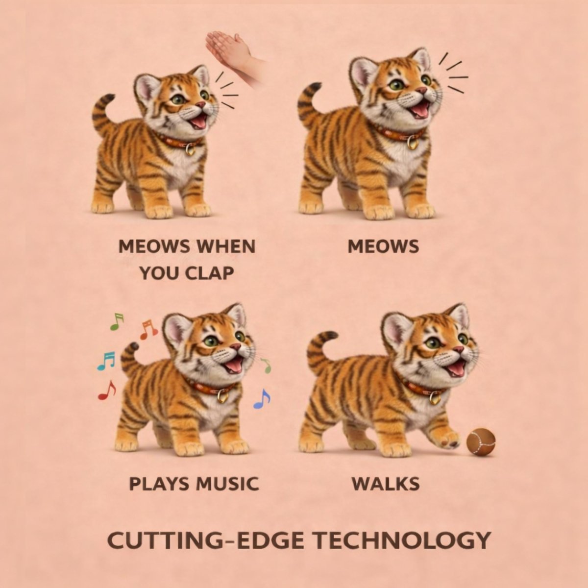 A product features graphic for the Kouvr Robot Tiger Cub showing its cutting-edge technology with the ability to meow when you clap, meow, play music and walk
