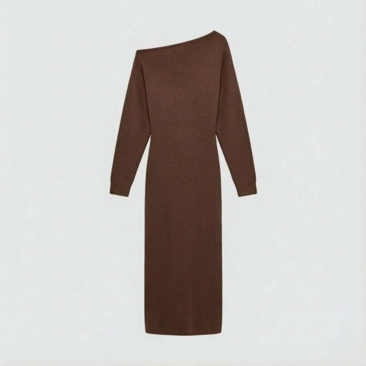 Flat lay of the brown asymmetrical long sleeve sweater dress, showcasing the soft knit texture and overall shape of the garment.