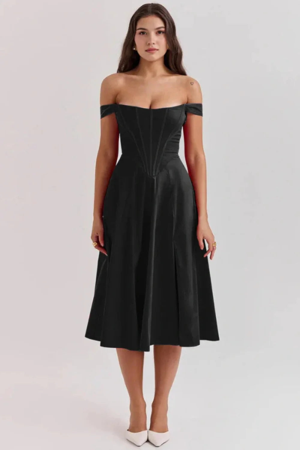 Black Corset Midi Dress Off The Shoulder Sweetheart Neckline | Formal A-Line Cocktail Party Evening Gown with Lace Up Back for Women