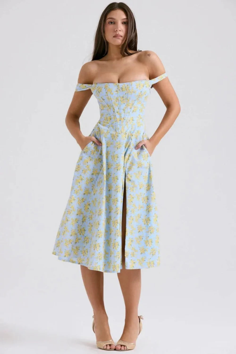 Blue Floral Corset Midi Dress | Off-Shoulder Wedding Guest Dress with Pockets & Slit