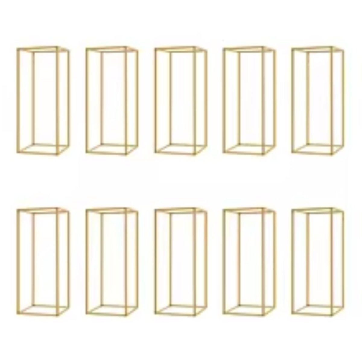 A complete set of ten Kouvr gold rectangular metal open-frame pedestal stands for floral arrangements and event decor, shown against a plain white background.