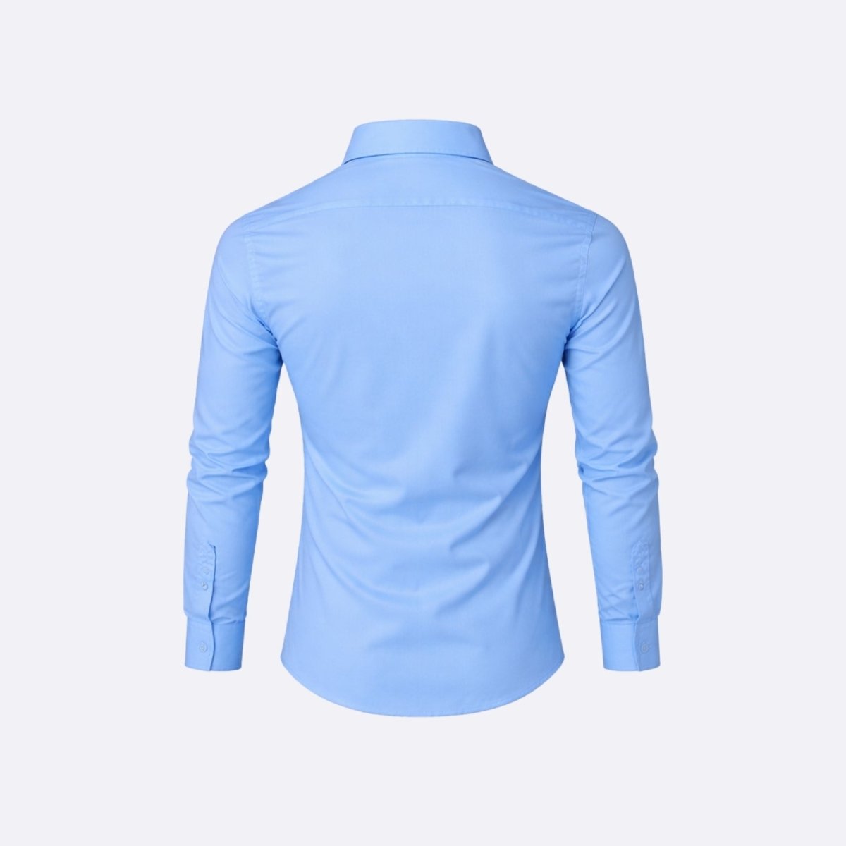 Ghost mannequin product shot of the back of Kouvr men's smart casual sky blue shirt.