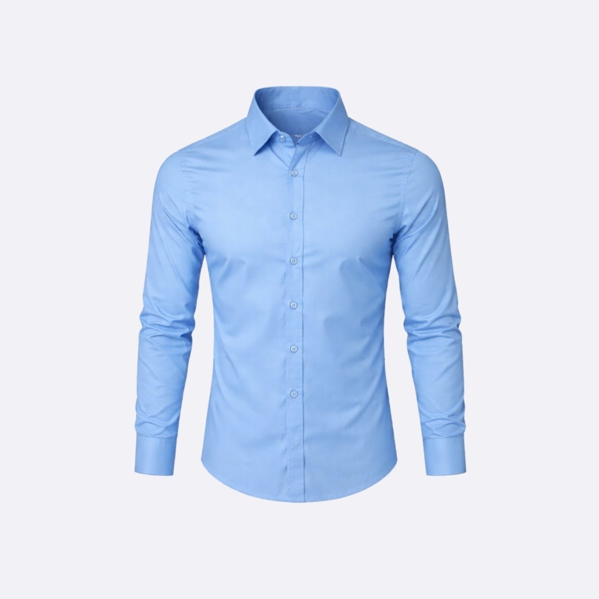 Ghost mannequin product shot of the front of Kouvr men's sky blue long sleeve dress shirt.