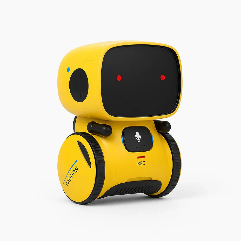 The yellow Kouvr Groovebot smart interactive robot toy for kids, shown from the front on a clean white background.