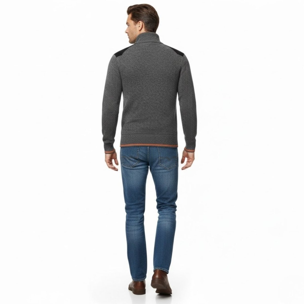 Rear view of a man in the Kouvr Soren dark grey sweater, showing the back shoulder patches and textured knit.