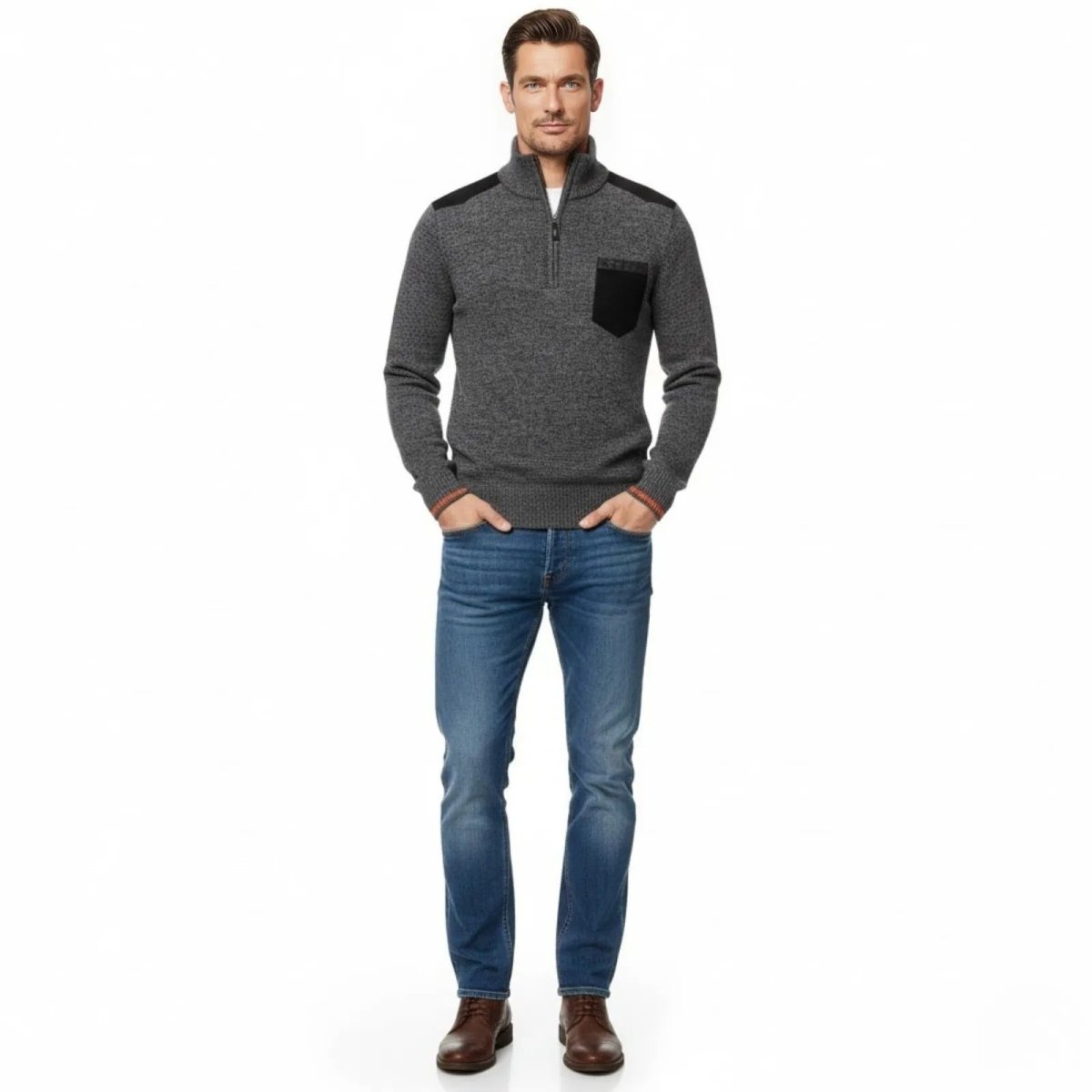 Man wearing the Kouvr Soren half-zip sweater in dark grey, shown from the front with hands in pockets.