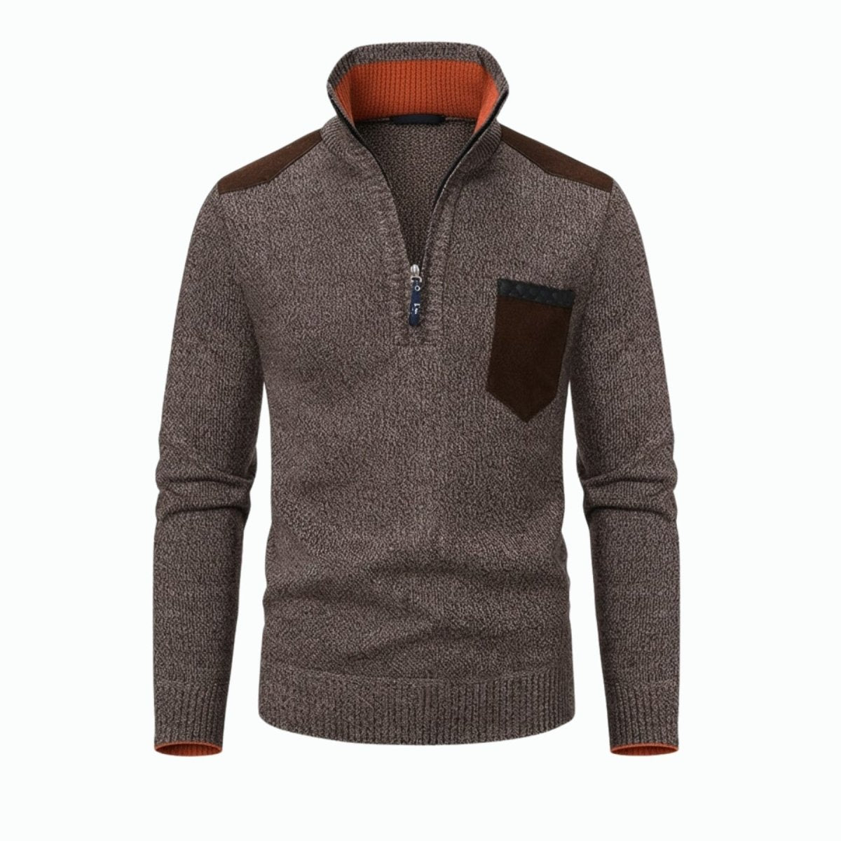 Flatlay of a men's brown quarter-zip sweater featuring a textured knit, suede shoulder and pocket details, and a vibrant orange inner collar lining.