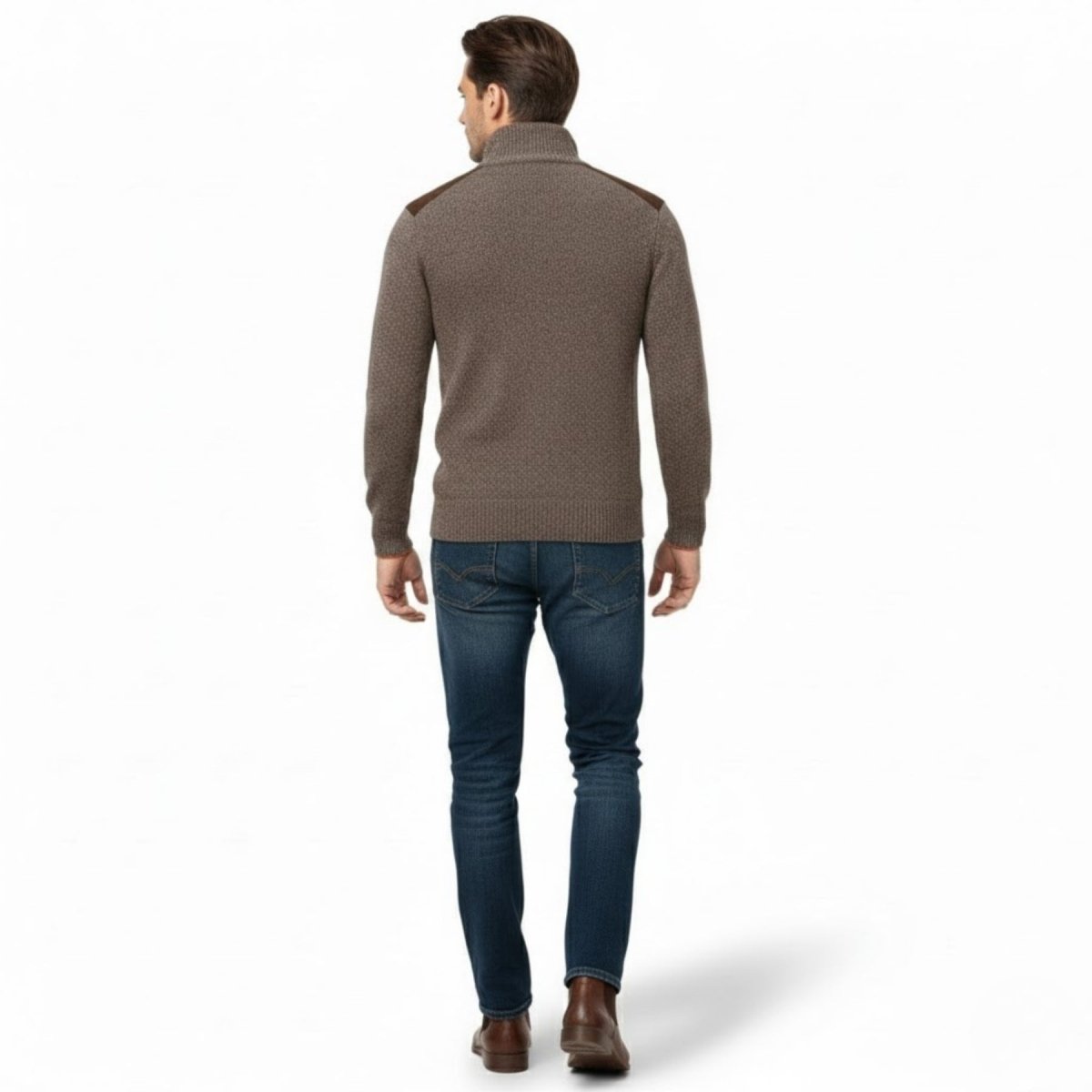 Back view of a man in a heather brown knit sweater with contrasting suede shoulder patches, showcasing the texture and fit of the garment.