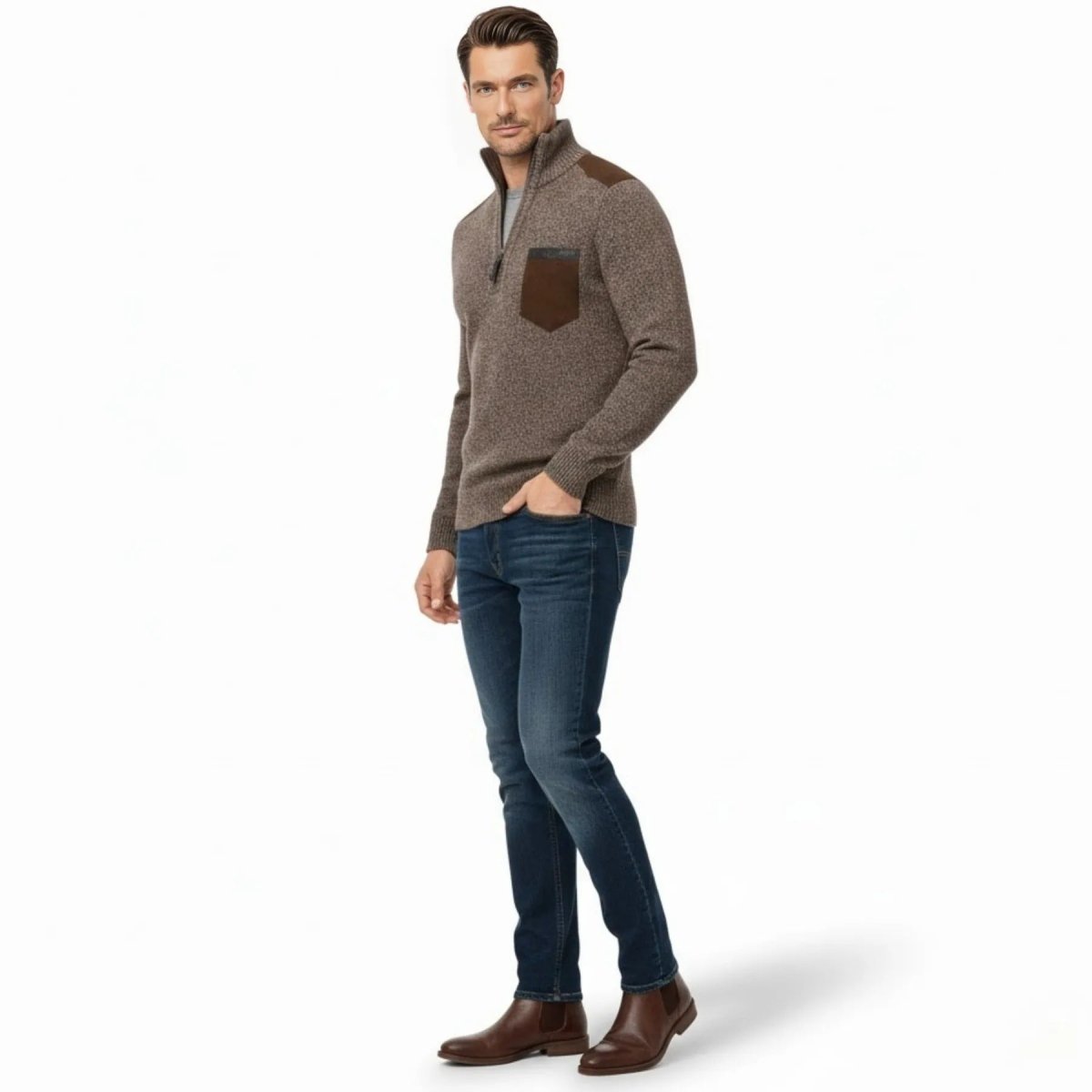 Side view of a man wearing the Soren heather brown textured knit quarter-zip pullover, showing the slim fit and suede patch details.