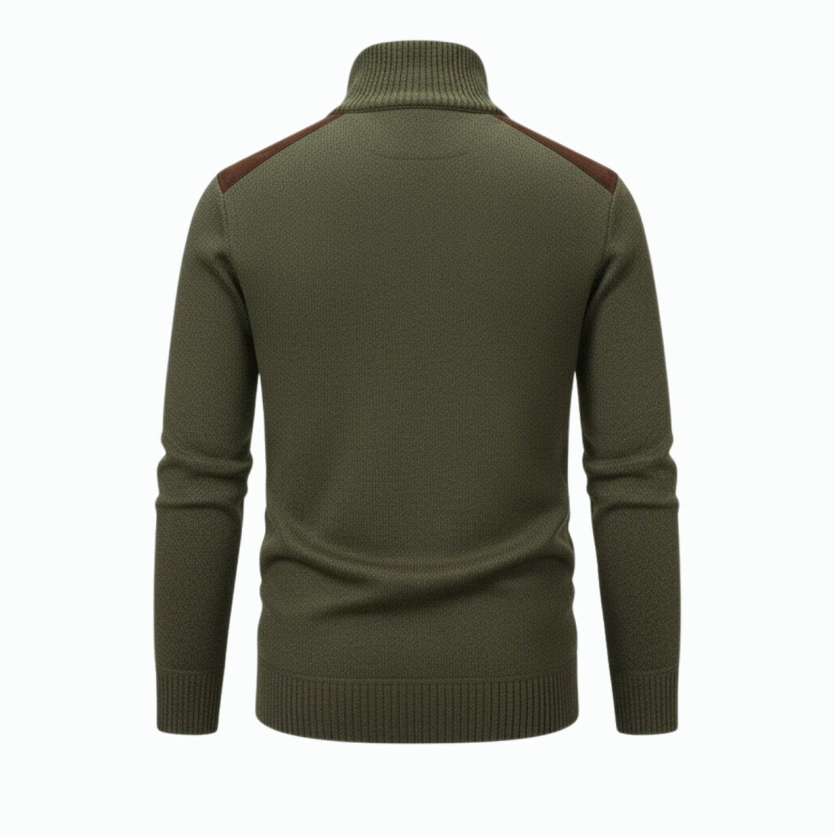 Product shot of the back of the Kouvr Soren sweater laid flat, detailing the full back panel and suede shoulder accents.