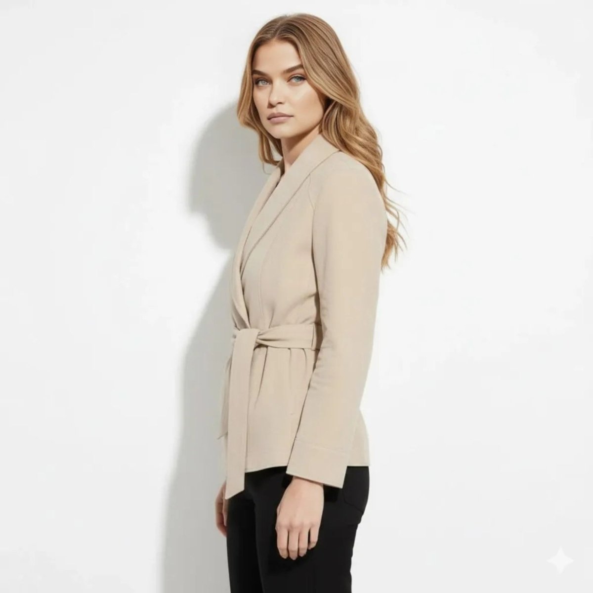 Side profile of a woman in the light beige Kouvr Suede Belted Wrap Jacket, highlighting its silhouette and hip-length cut.