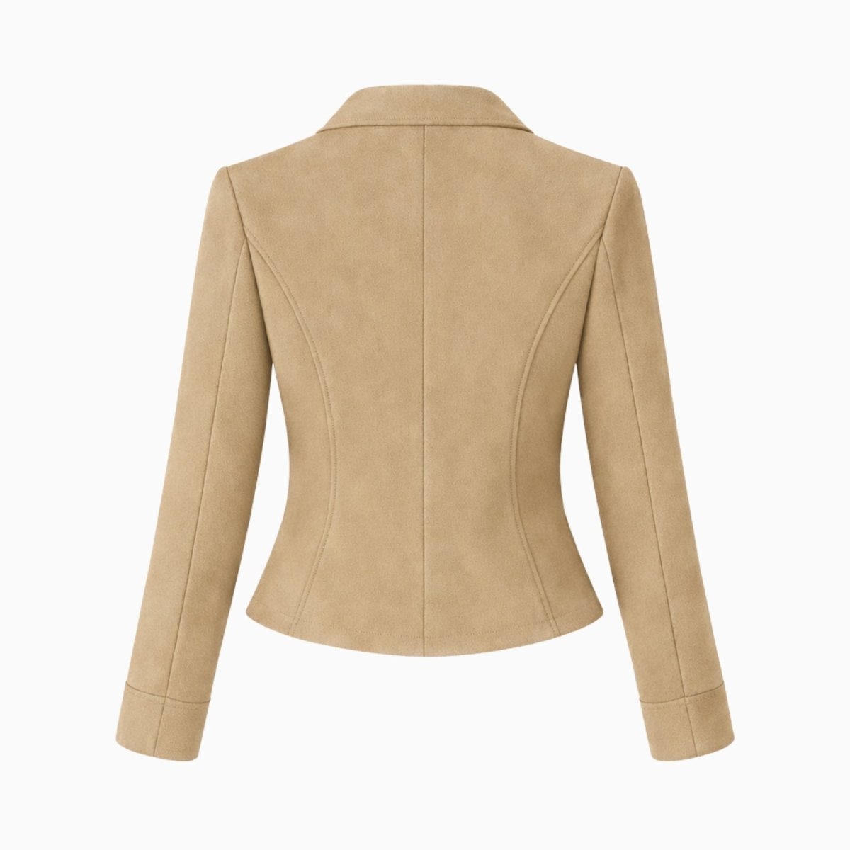 Flatlay of the back of the Kouvr Maddie fitted khaki work jacket, detailing the expert tailoring and structured shape.