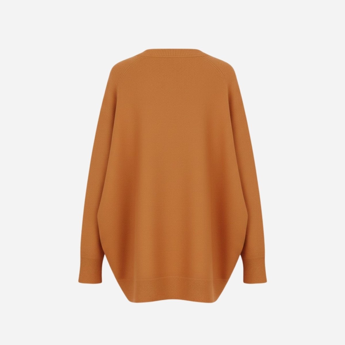 Back flat lay of the burnt orange Kouvr Tina sweater, detailing the seam work and relaxed silhouette of the luxury knitwear.