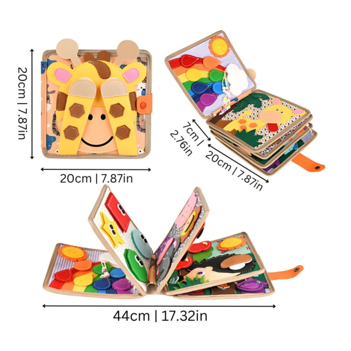 Children's educational book with animal illustrations and colorful buttons, showing dimensions.