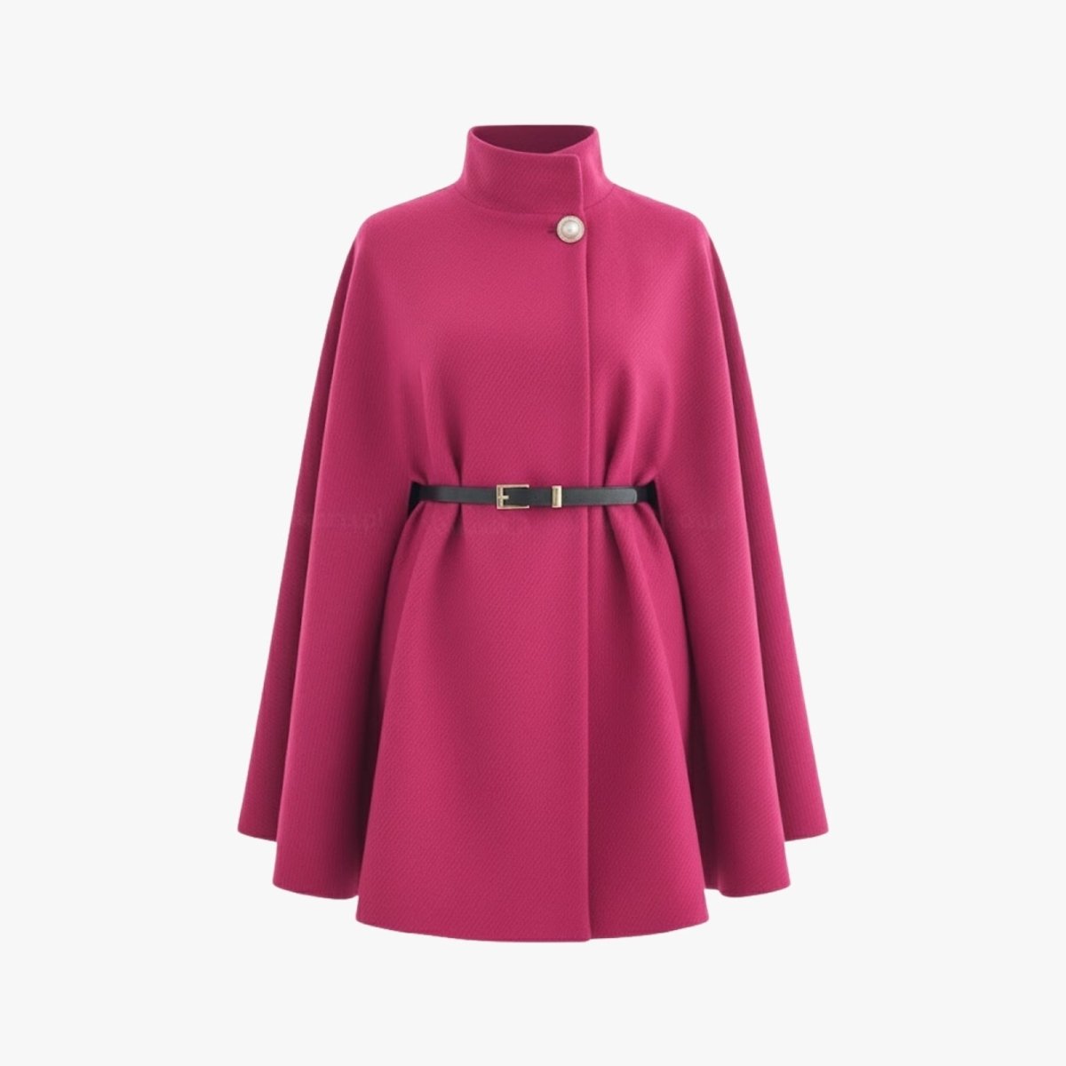 Studio product shot of the Kouvr Traci cape coat in Pink, featuring the pearl button and black belt.