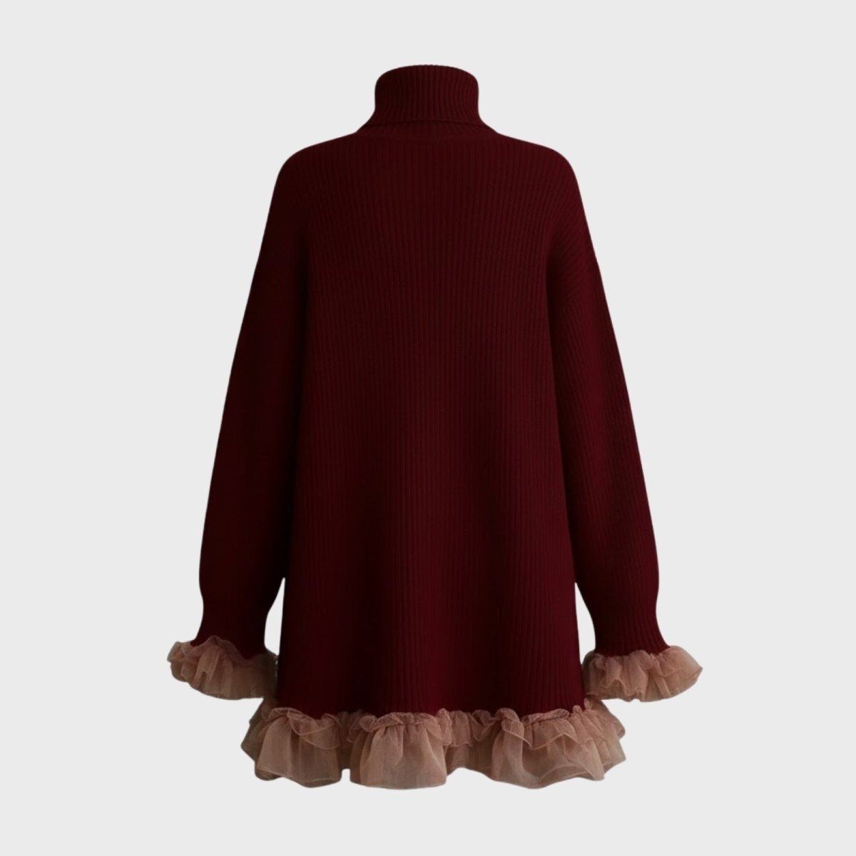 Rear flat lay view of the burgundy knit sweater dress showcasing the seamless back and construction of the turtleneck and tulle trim.
