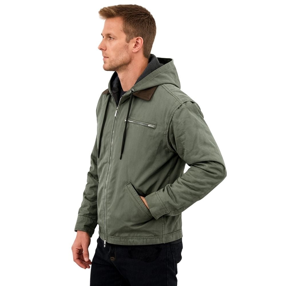 heavyweight cotton canvas', 'warm outdoor coat', 'rugged outerwear', 'men's workwear jacket', 'casual fall jacket', and 'layered look hoodie