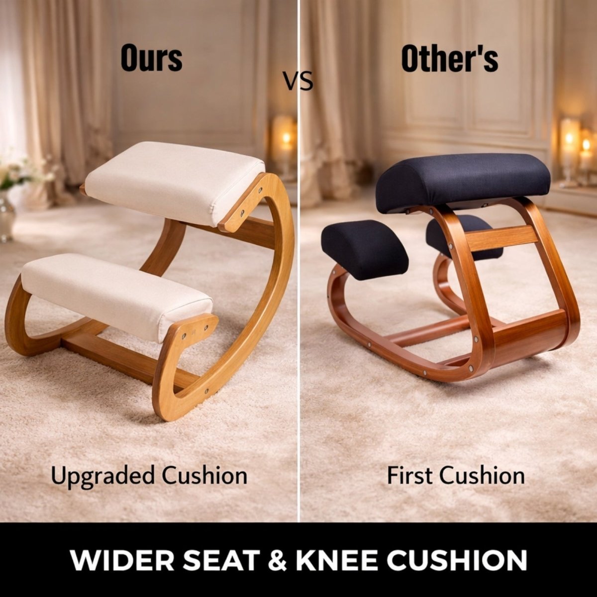 A comparison image showing the wider, upgraded cushions of the Kouvr kneeling chair versus a smaller, first-generation cushion on another chair.