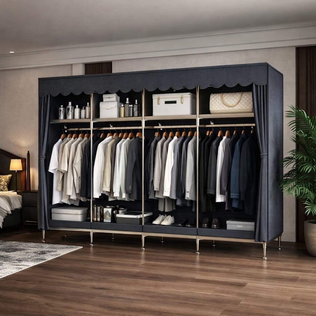 Size diagram of the Kouvr portable closet showing 78.74 inch width, 69.29 inch height, and 17.72 inch depth dimensions.