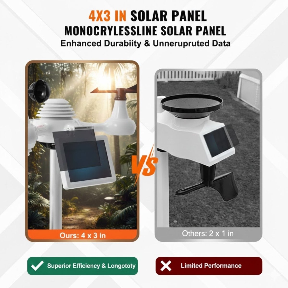 Comparison showing the Kouvr weather station's large 4x3 inch monocrystalline solar panel for superior efficiency versus a smaller, limited competitor panel.