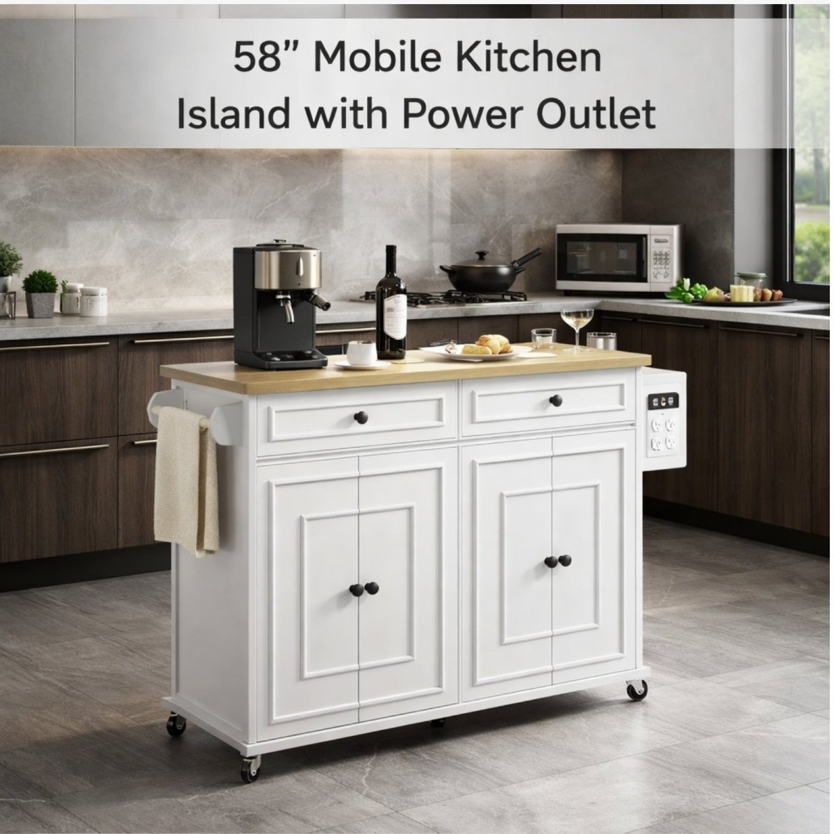 White mobile kitchen island used as a coffee bar with espresso machine plugged into built-in side power outlet, featuring towel rack and spice storage.