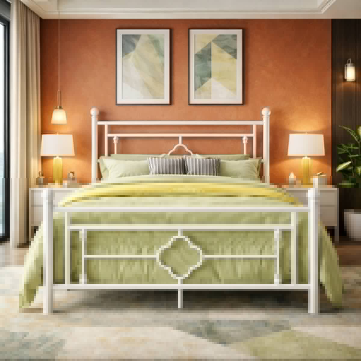 Queen size white vintage metal bed frame by Kouvr styled in a bright, modern bohemian bedroom with a terracotta accent wall and light green bedding.