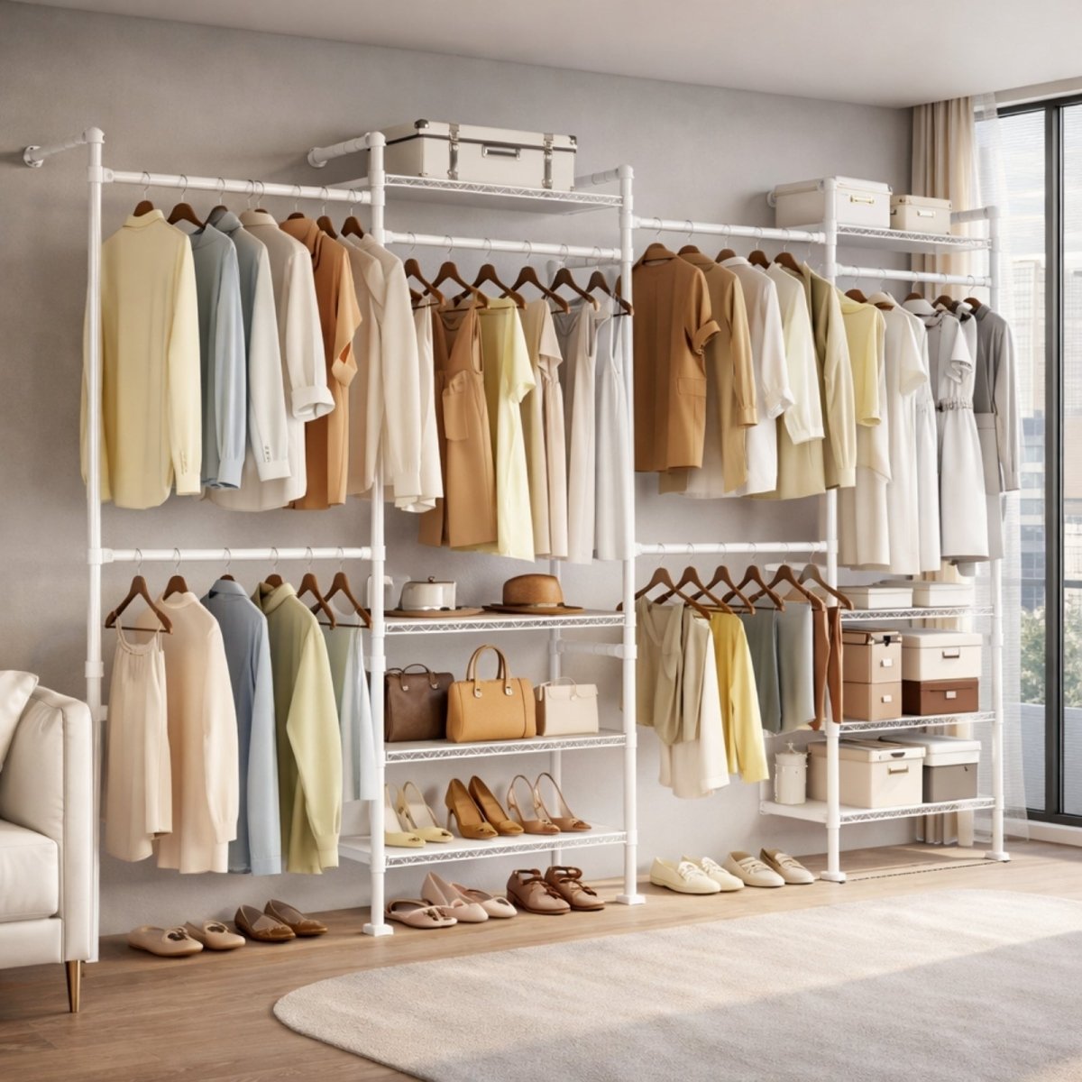 White industrial pipe shelving system configured in an L-shape corner closet layout maximizing storage space for shirts and accessories.