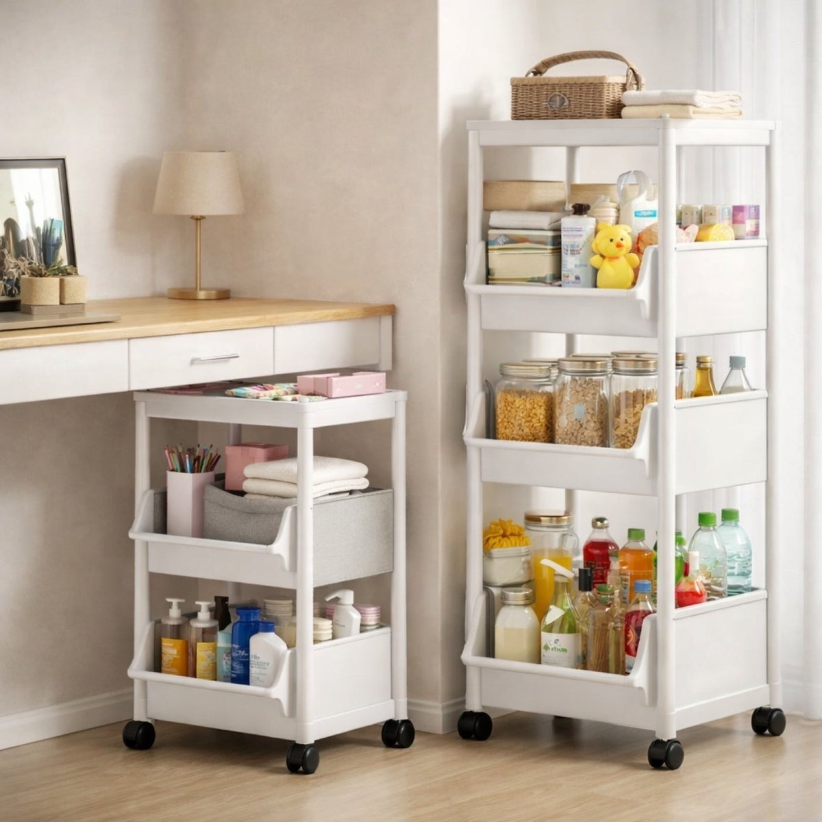 A clean, white 3-tier rolling utility cart by Kouvr positioned neatly under a home office desk, providing accessible storage for supplies.