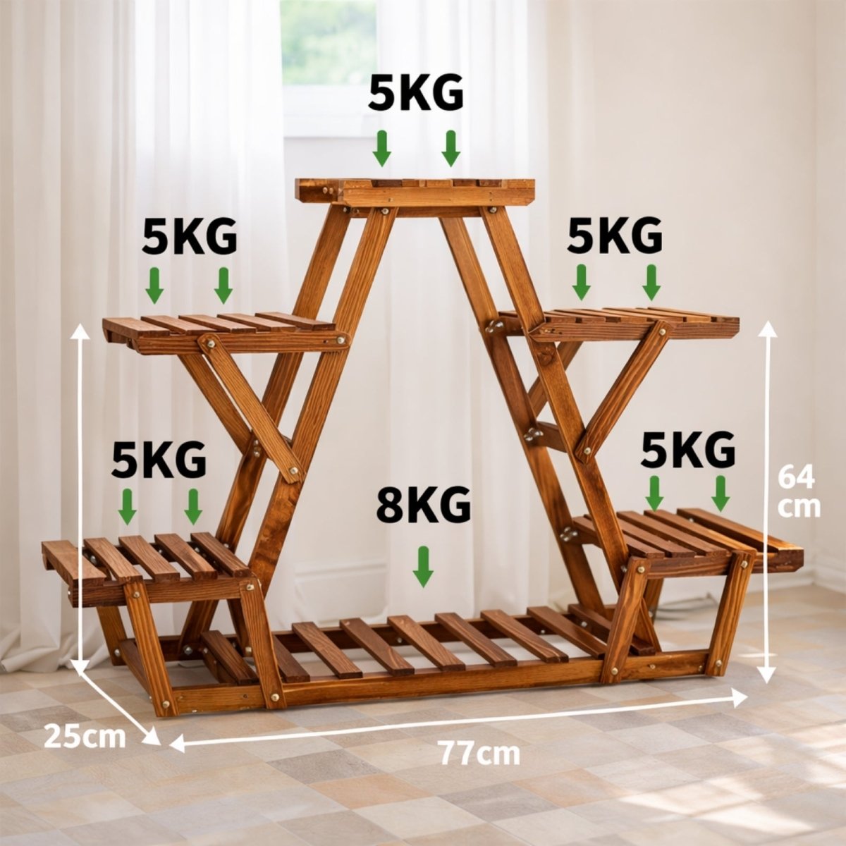 A diagram showing the dimensions and weight capacity of the Kouvr wooden plant stand; 77cm wide, 64cm tall, with each tier holding 5KG and the bottom shelf 8KG.
