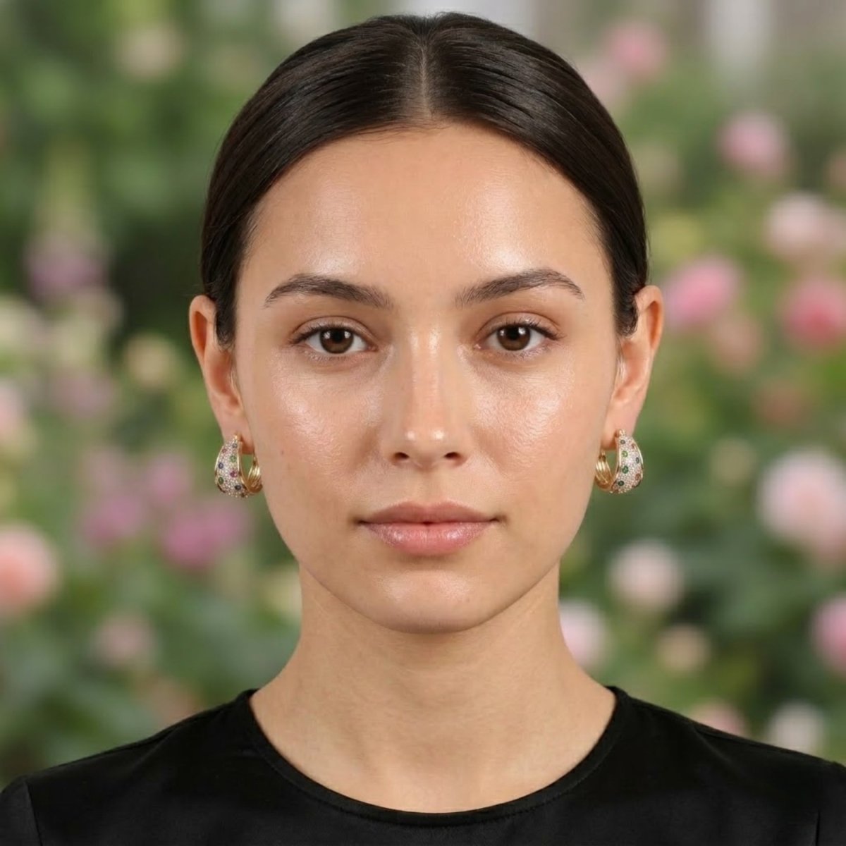 Model wearing Kouvr Yvette multi-gemstone and diamond gold huggie hoop earrings, showcasing their size and elegant look.