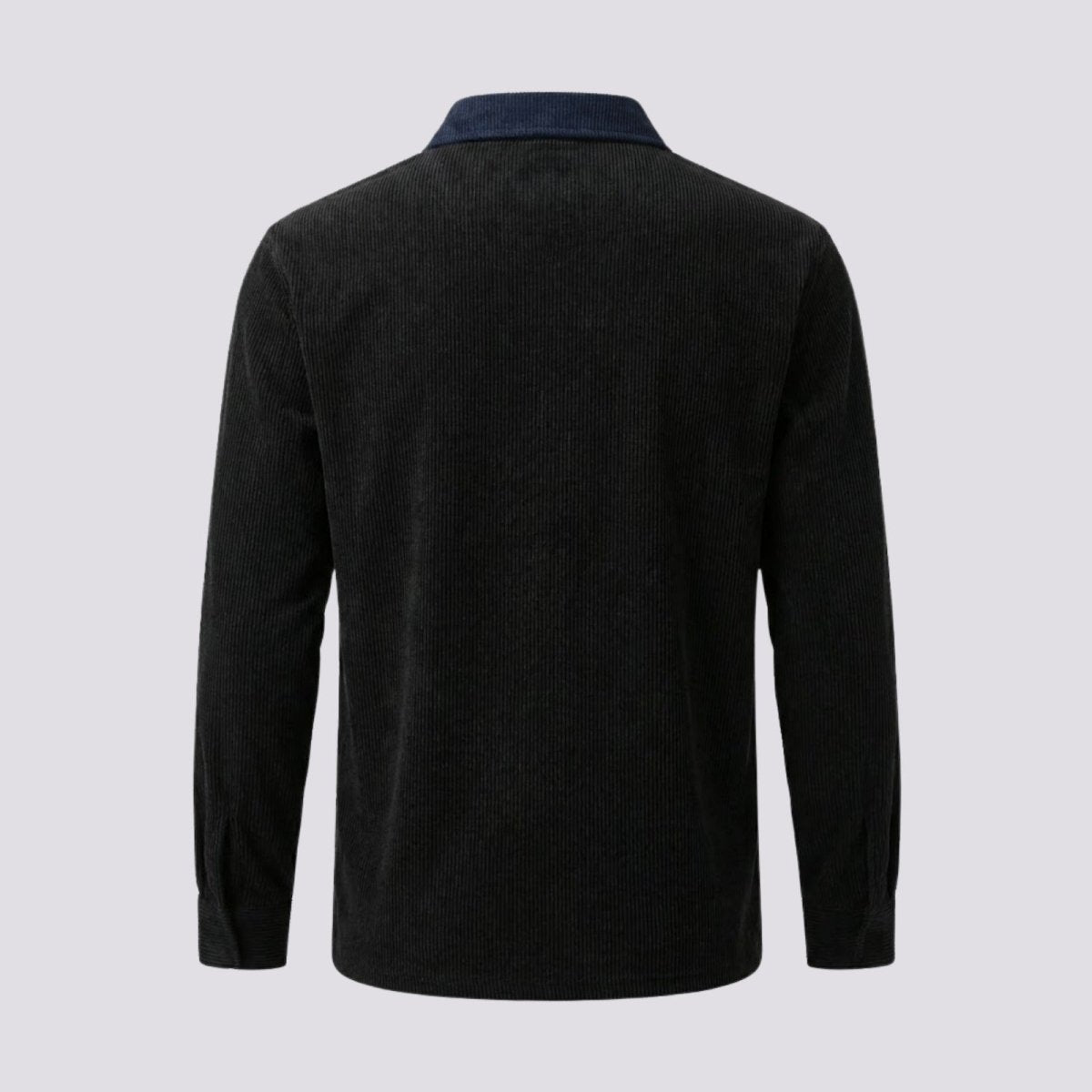 Flatlay back view of the Kouvr Zain Black Corduroy Long Sleeve Polo displaying the full back panel and navy contrast collar.