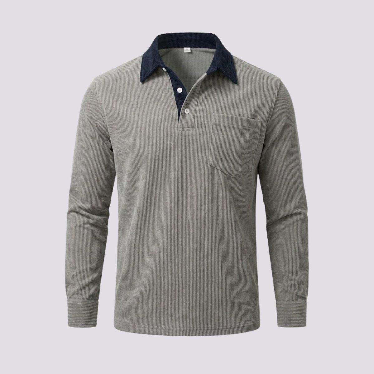 Flatlay product shot of the Kouvr Zain grey corduroy long sleeve polo, detailing the texture, chest pocket, and two-button placket.