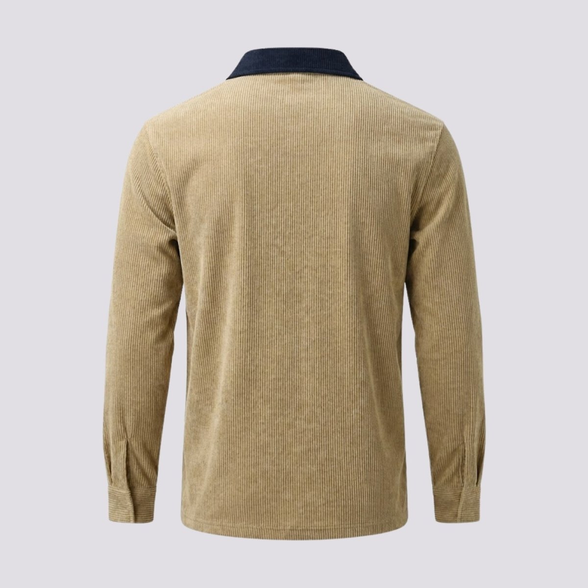 Flatlay of the back of the Kouvr Zian Corduroy Polo shirt in khaki, highlighting the vertical wale texture and contrast collar.
