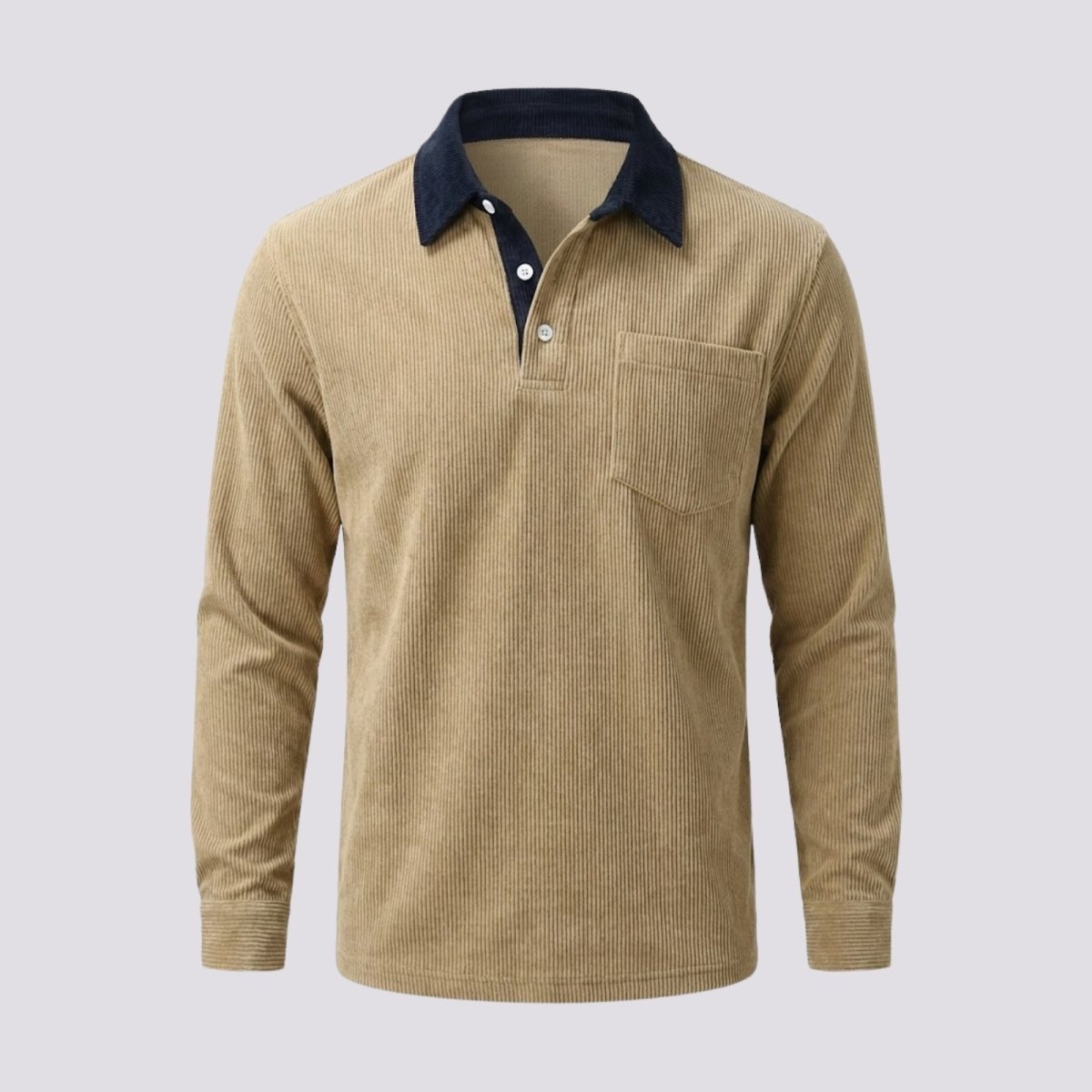 Flatlay product shot of the khaki corduroy long sleeve polo with a navy collar, two-button placket, and chest pocket.
