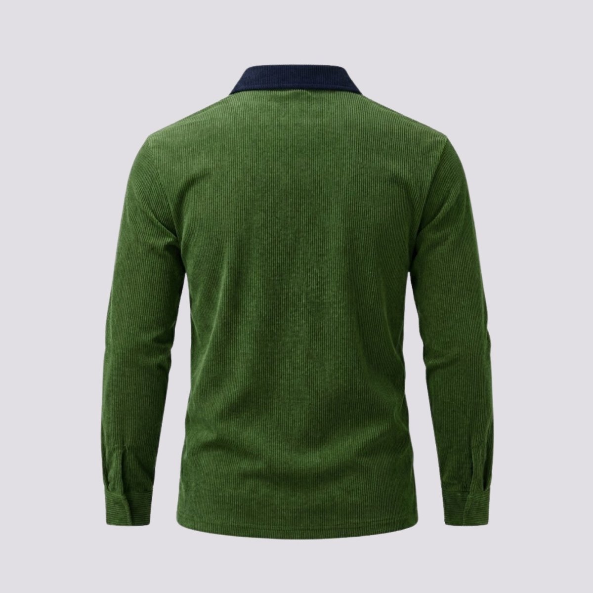 Back product shot of the Kouvr Alexander men's olive green corduroy polo shirt.