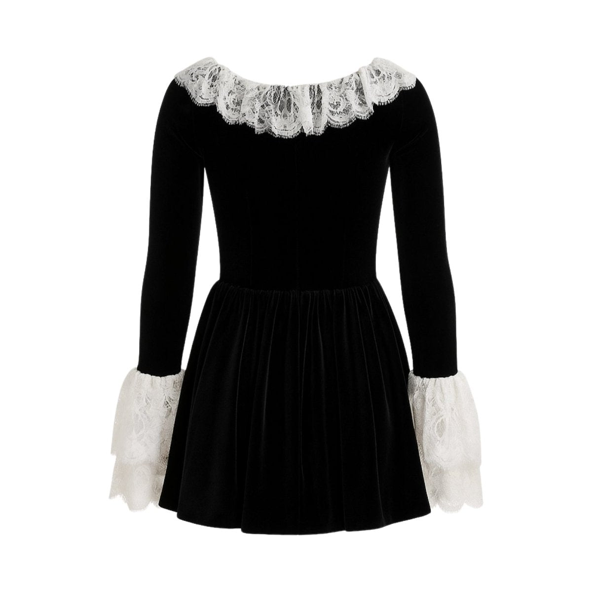 Close-up detail of the intricate white lace on the flared bell sleeve cuff of a black kouvr velvet dress.