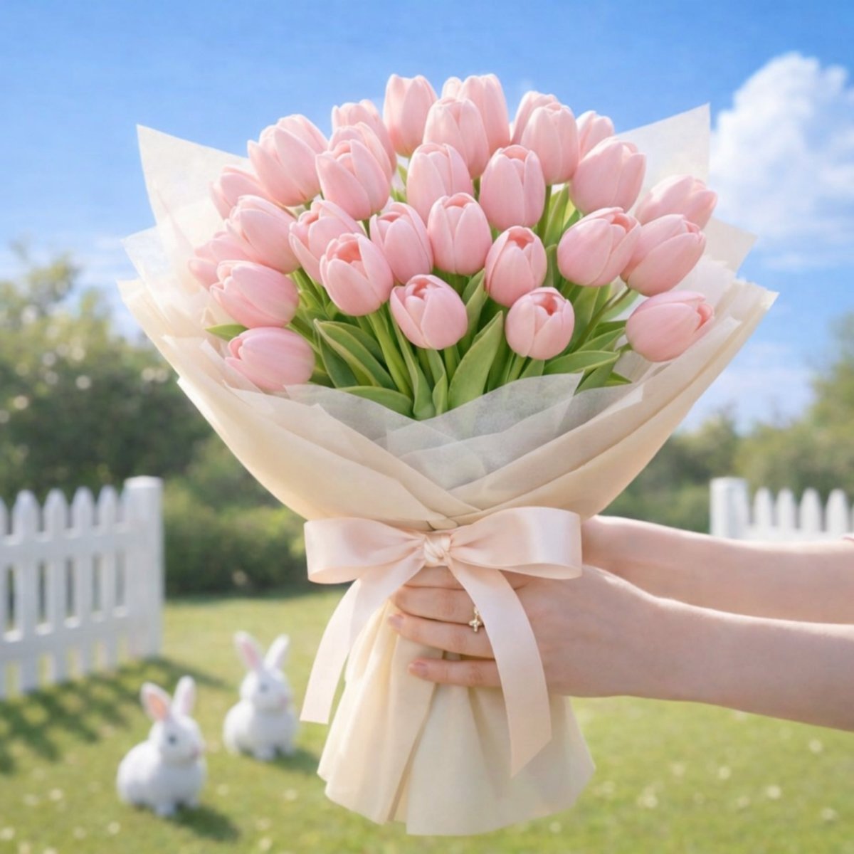Both hands hold a large bouquet of pink tulips tied with a ribbon, with a white picket fence and two white rabbit figurines in the background. The sky is blue with clouds.