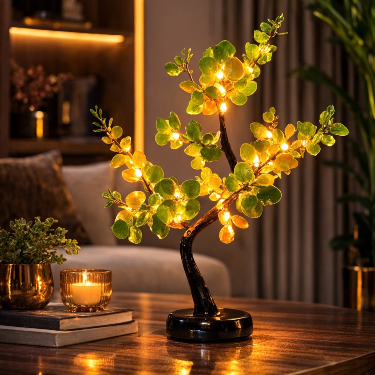 Close up of the LED tree lamp base highlighting the power button, steady and flashing lighting modes, USB cord, and AA battery compartment.