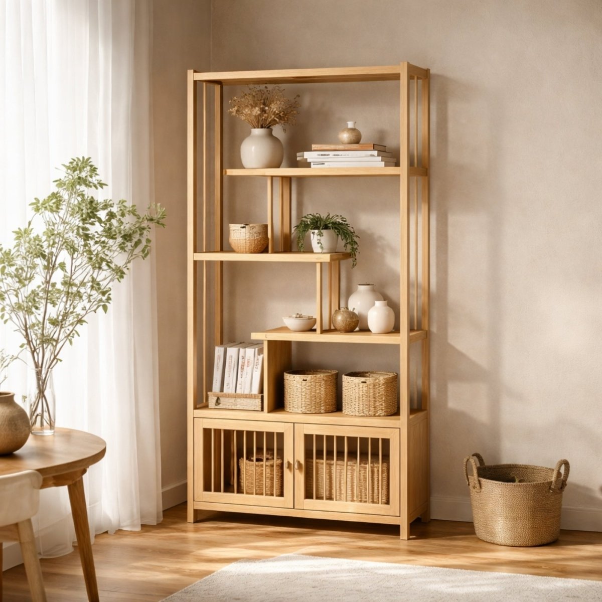 Light oak finish display rack functioning as a room divider with woven baskets and ceramic decor on open tiers.