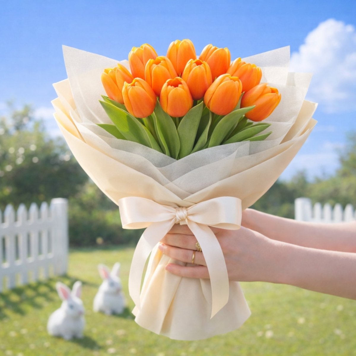 Medium hand-tied bouquet of realistic orange artificial tulips, held forward, showing natural green stems. Features a grassy backyard with two decorative rabbits.
