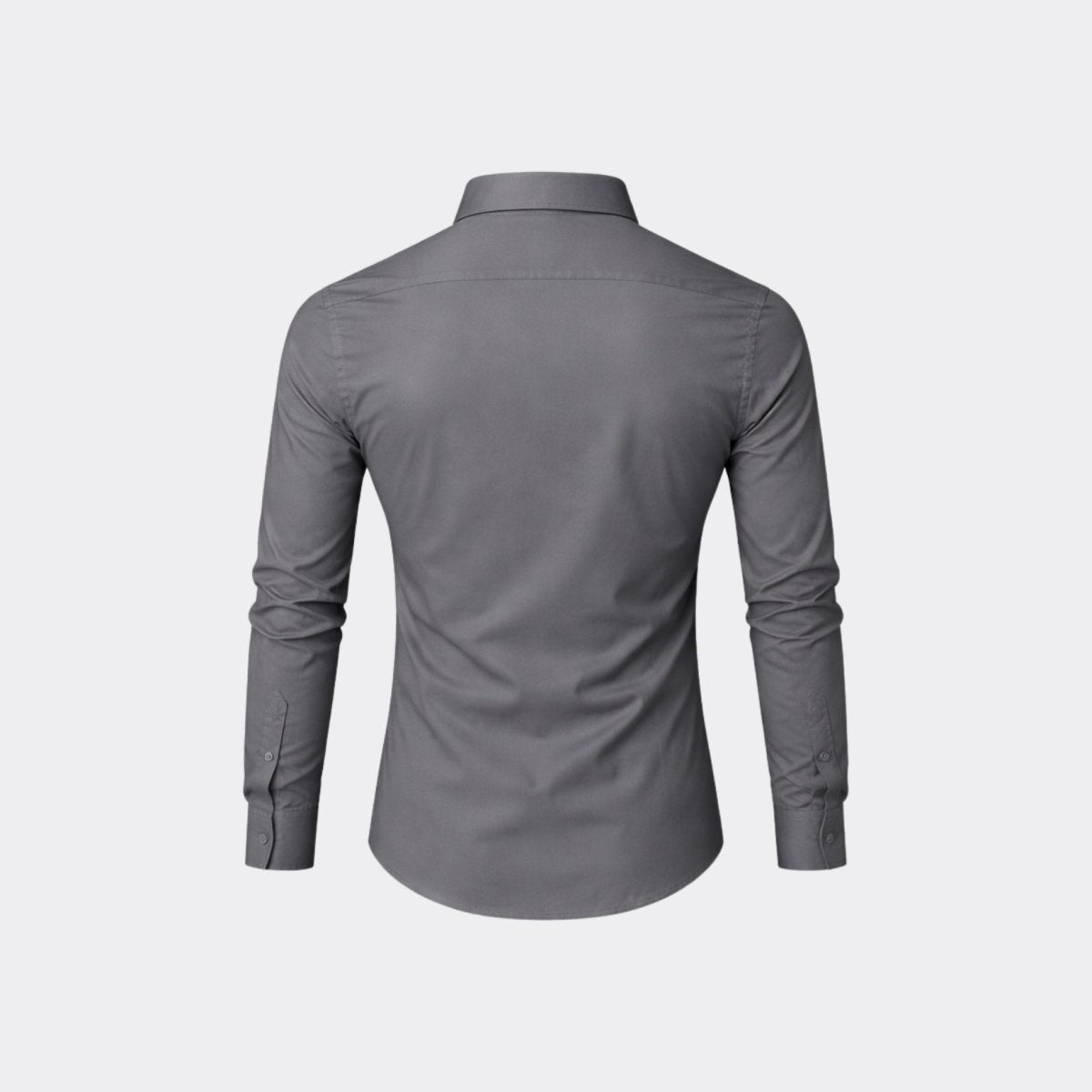 Flat lay back view of Kouvr men's tailored grey long sleeve shirt showing seamless construction