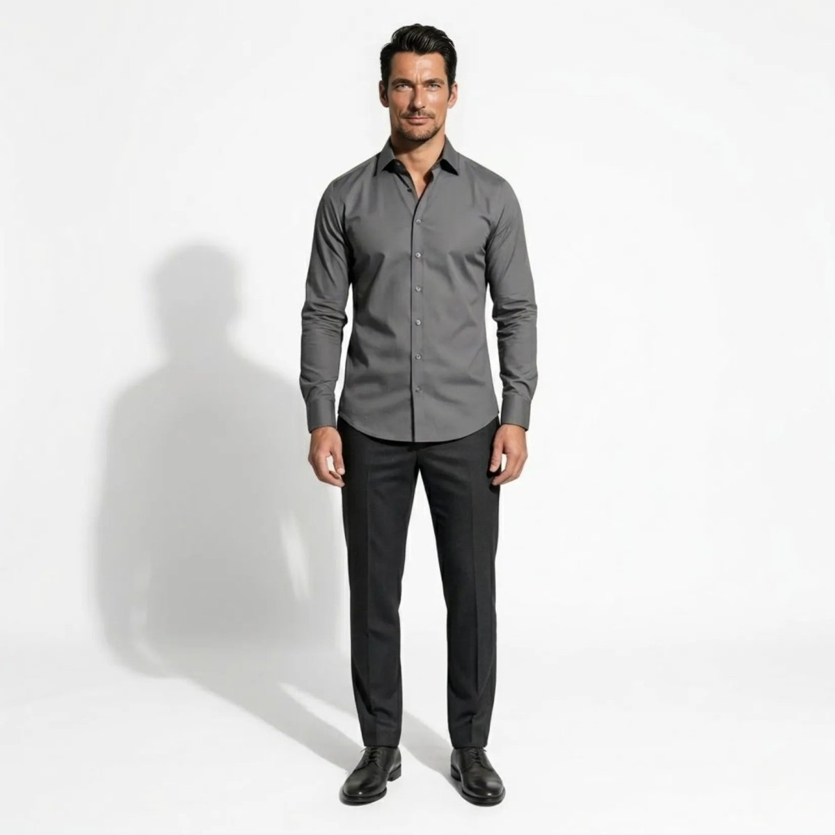 Men's Grey Slim Fit Dress Shirt Non-Iron Stretch Performance Fabric Long Sleeve Button Down Wrinkle Free Business Casual Formal Shirt