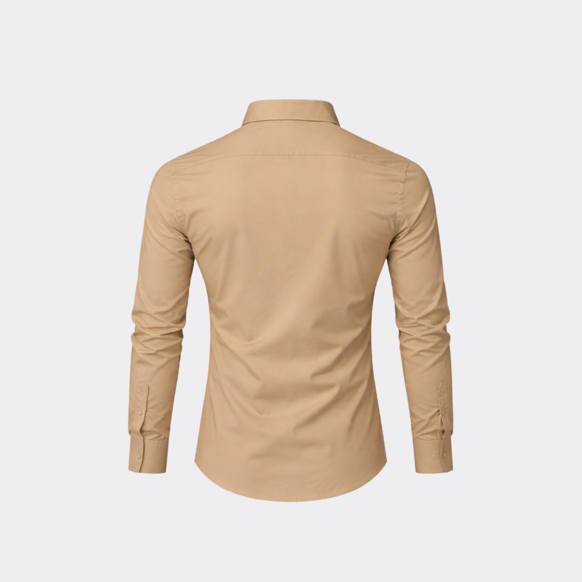 Flat lay back view of men's tailored beige long sleeve shirt highlighting back yoke and premium seam stitching.