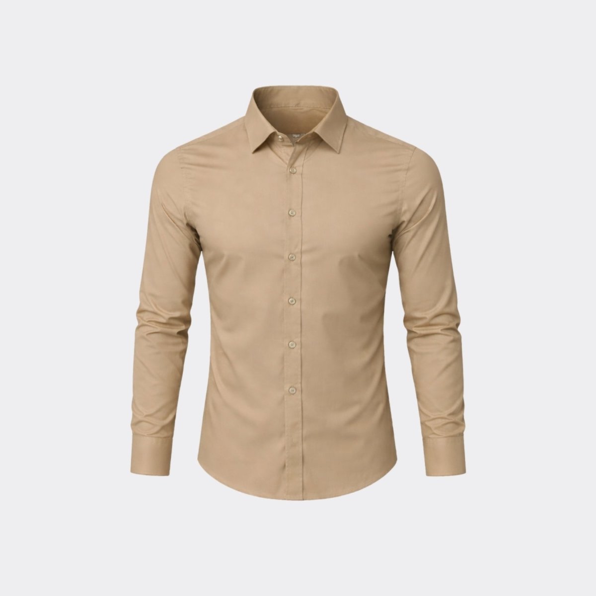 Flat lay front view of men's premium khaki button-up dress shirt showcasing structured collar and precise front placket.