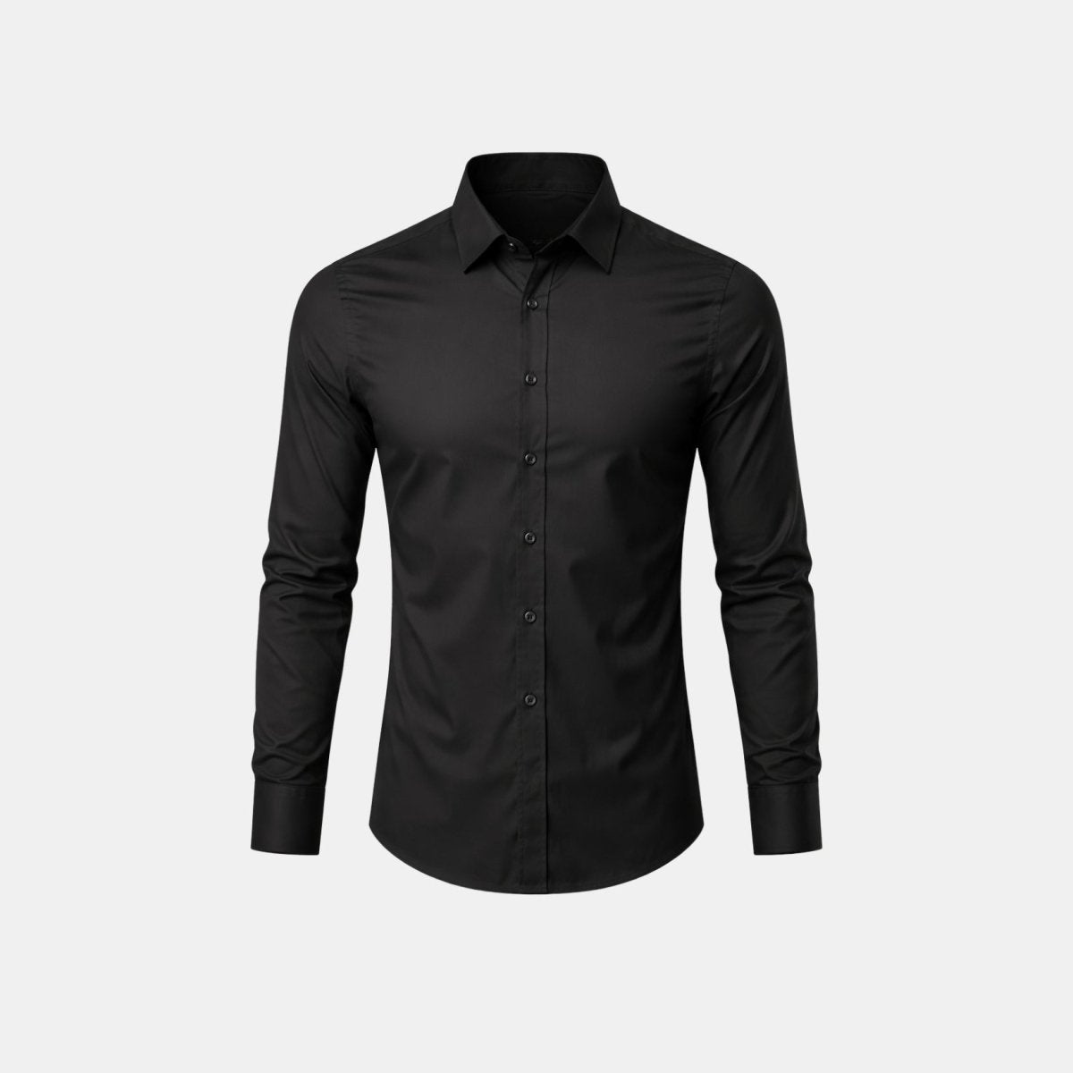Front flatlay view of the men's premium black button down dress shirt featuring a classic point collar.