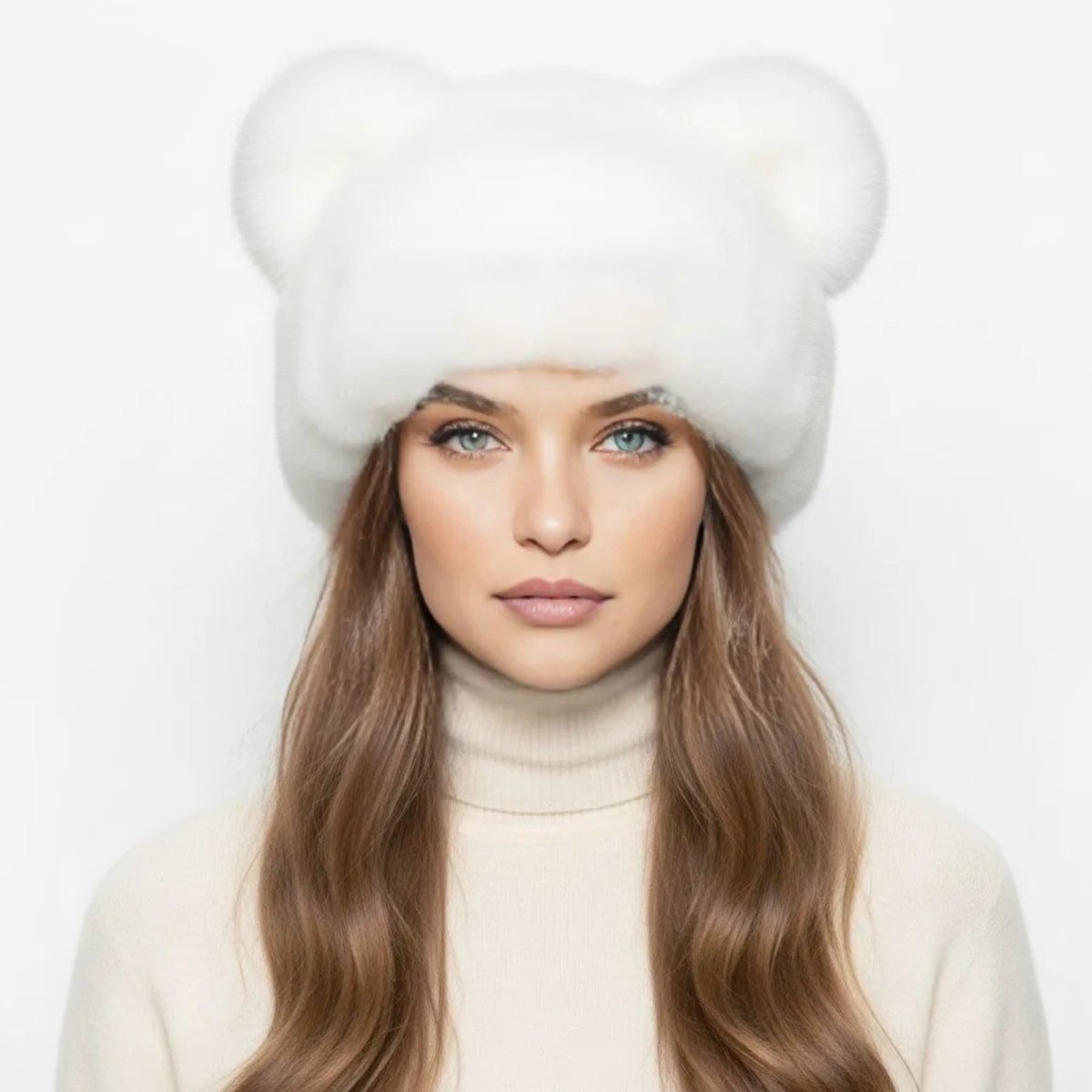 A model with blue eyes and long brown hair wearing the Kouvr pearl white mink fur bear ear hat, styled with a cream cashmere turtleneck sweater.